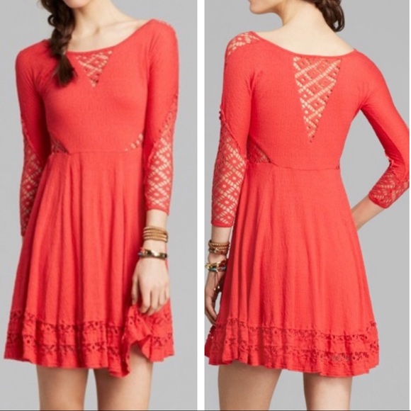 Free People Dresses & Skirts - FREE PEOPLE RED TO THE POINT LACE CROCHET FIT AND FLARE DRESS MEDIUM